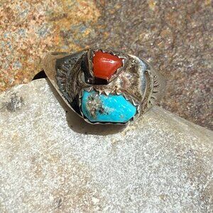 Vintage Sand Cast Sterling Silver Turquoise Coral Navajo Ring Size 5